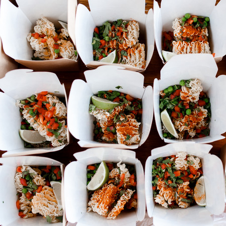 Cardboard packaging box for Chinese noodles wok, top viewの写真素材