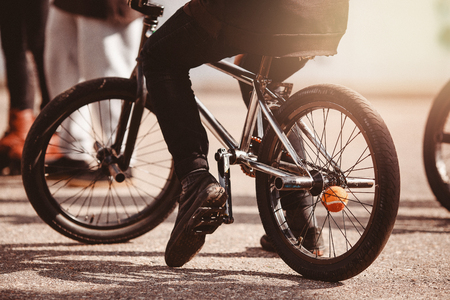 Close-up view of rear bmx bike for tricks, teenager rides.の写真素材