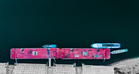 Top view of drone, wharf of ship.