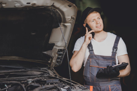 Professional car mechanic Calls on phone to client in auto repair service.