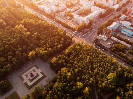 Tomsk cityscape Siberia, Russia. Tom river. Drone aerial top view. Monument to Victory Dayの写真素材