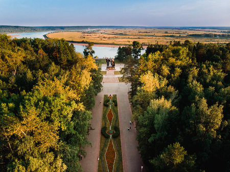Tomsk cityscape Siberia, Russia. Tom river. Drone aerial top view. Monument to Victory Dayの写真素材