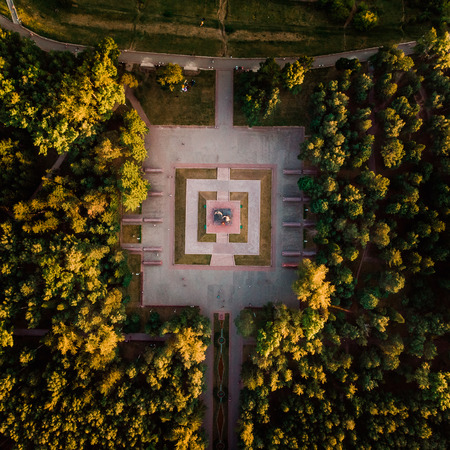 Tomsk cityscape Siberia, Russia. Tom river. Drone aerial top view. Monument to Victory Dayの写真素材