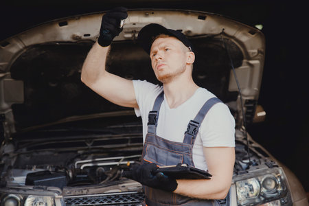 Professional car mechanic using plug spark in auto repair service.