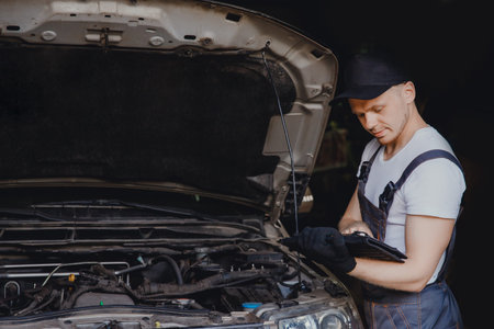 Professional car mechanic using electrnoic diagnostic equipment laptop in auto repair service.