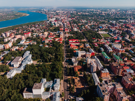 Tomsk cityscape Siberia, Russia. Tom river. Drone aerial top view.の写真素材