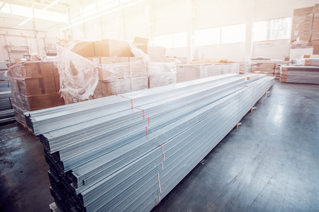 Steel, Shelf with structural materials in building warehouse.の写真素材