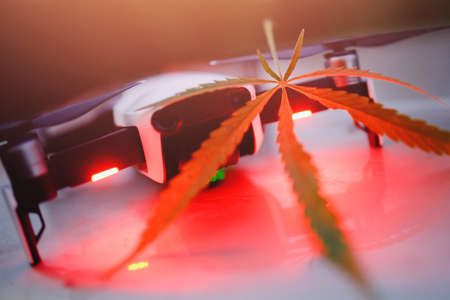 Delivery cannabis marijuana hemp with help of drone through air across border. Concept of dealer contraband, narcotic traffic.の写真素材