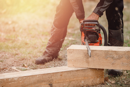 Close-up of woodcutter lumberjack is man chainsaw tree.の写真素材