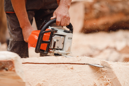 Close-up of woodcutter lumberjack is man chainsaw tree.の写真素材