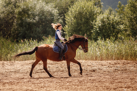 Young horse rider woman jockey on equestrian sport competition. Arena backgroundの写真素材