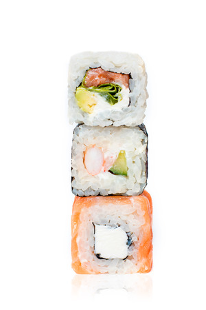 three different Japanese food eating roll sushi on white isolated background.の写真素材