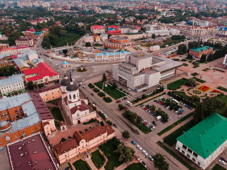 TOMSK, RUSSIA: Panoramic view of city, Tom river. Drone aerial top view.の写真素材