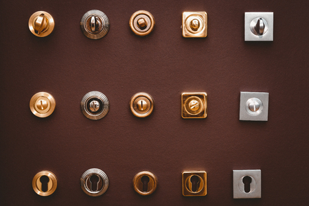 Set brown wooden door with handle metal modern lockの写真素材