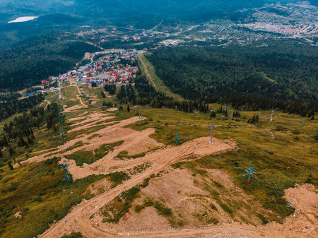 Sheregesh, Kemerovo, Russia, Aerial view drone mountains and forest, ski resortの写真素材