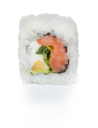Japanese food eating roll sushi on white isolated background.の写真素材