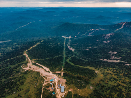 Sheregesh, Kemerovo, Russia, Aerial view drone mountains and forest, ski resortの写真素材