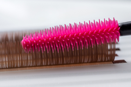 Eyelash brown extension procedure. Set Lashes close up pink combの写真素材