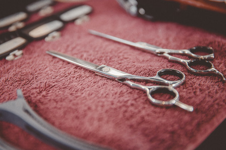 Set professional equipment for men haircuts barbershop, razor, comb, scissors.の写真素材