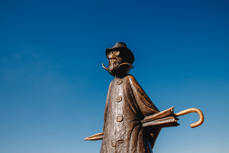 TOMSK, RUSSIA - August 25, 2018: Panoramic view of city, Tom river. Sculpture Anton Pavlovich Chekhov.のeditorial素材