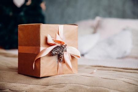 Gift for Christmas with lights and free text copy space for girl, woman lying in bed.の写真素材