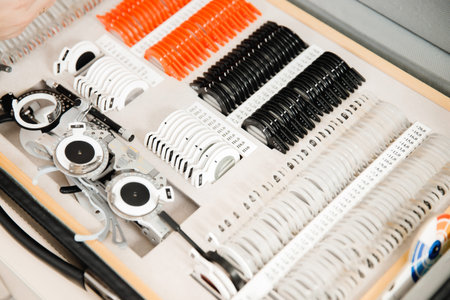 Optical eyeglass frames are equipment of ophthalmologist. Lens selection concept