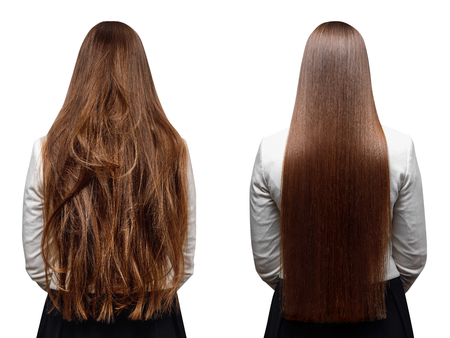 Sick, cut and healthy hair care keratin. Before and after treatment.の写真素材