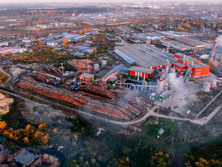 Production of wood processing sawmill, cranes, top view aerial droneの写真素材