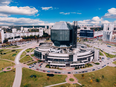Minsk, Republic of Belarus - October 4, 2018: National Library is main universal scientific. Aerial droneのeditorial素材