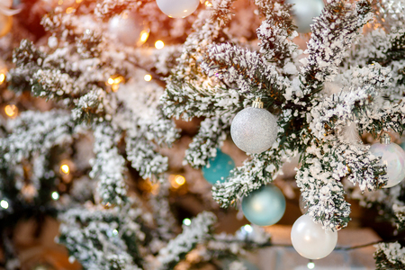 Closeup Christmas tree toy light background blue and white color.の写真素材