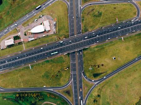 Aerial view road car highway junction, top view