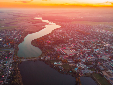 Aerial photo Nesvizh castle in autumn evening, Belarus Minsk, top viewの写真素材