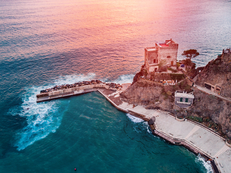 Aerial photo drone town of Portovenere near Cinque Terre, Liguria, Italy. Sunsetの写真素材