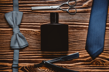 Man vintage accessor grooming luxury wooden board. Concept barbershop.の写真素材