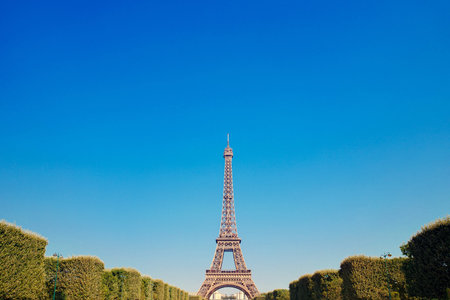 Incredible evening view of Eiffel tower, gradient sky at sunset shines with gold, autumn yellowed...