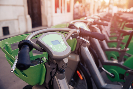 Number of bicycles are on parking for rent by tourists contactless payment.の写真素材