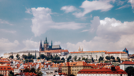 View of colorful Prague europe castle and old town with red tile roofs, Czech Republic. Concept travel.の写真素材