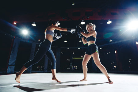 Kick kickboxing in MMA, girls fight in octagon ring Boxing.