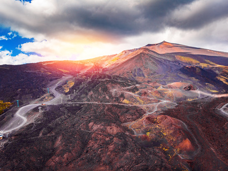 Mountain volcano Etna Sicily, Italy. Panoramic aerial photo.の写真素材