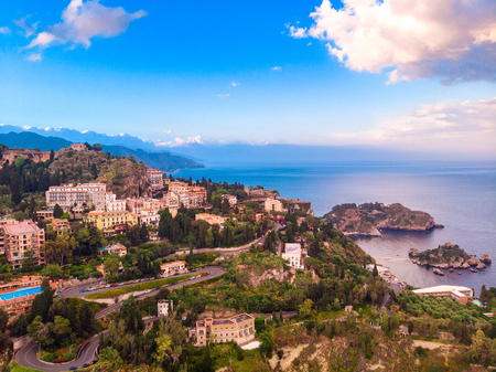 Panoramic drone photo sunset Taormina, Sicily Italy. Aerial top view.の写真素材