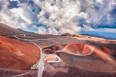 Extinct crater of volcano Etna Sicily, Italy. Panoramic aerial photo. Top view.の写真素材