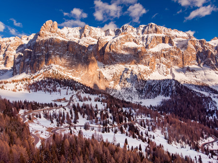 Autumn Dolomites panorama photo, sunny day Italy. Aerial viewの写真素材