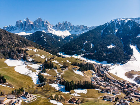 Alps mountain Santa Maddalena village with Dolomites in background, Trentino Alto Adige region,...