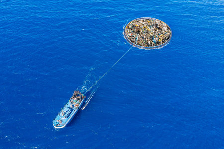 Concept cleaning ocean water from debris and plastic. Removing contaminants using ship and grid
