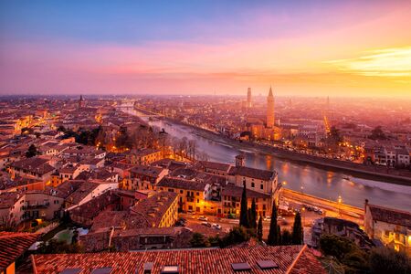 Beautiful aerial view panorama night Verona sunset Italyの写真素材