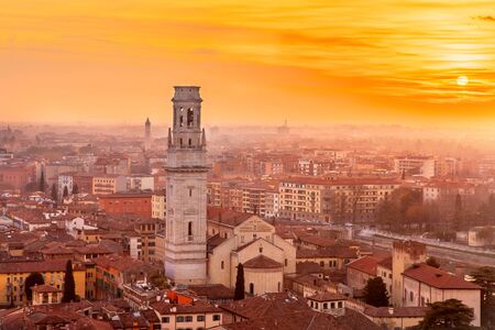 Beautiful aerial view panorama Verona sunset from Castel San Pietro, Veneto region, Italyの写真素材