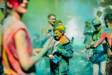 Sheregesh, Kemerovo region, Russia - April 13, 2019: Grelka Fest, paint holi