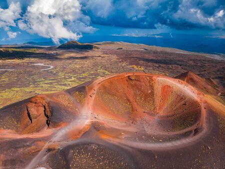 Extinct crater of volcano Etna Sicily, Italy. Panoramic aerial photo. Top view.の写真素材