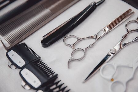 Professional barber tools for barbershop, work placeの写真素材