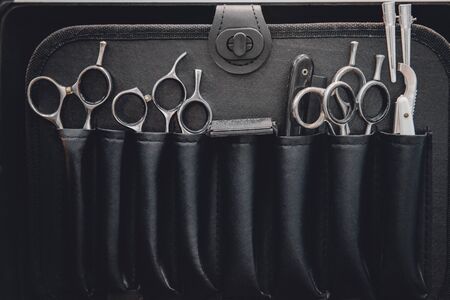 Professional barber tools in case for barbershop, work placeの写真素材